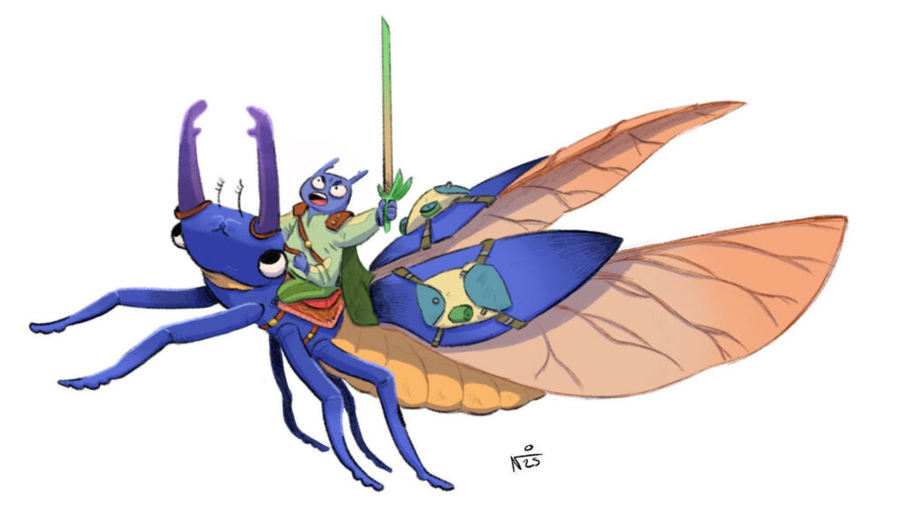 Illustration numérique 
Un lucane cerf volant monté par un lucane antropomorphe qui brandit une épée verte et marron avec des feuilles à la garde. Il y a des sacs attachés aux élytres du lucane monté